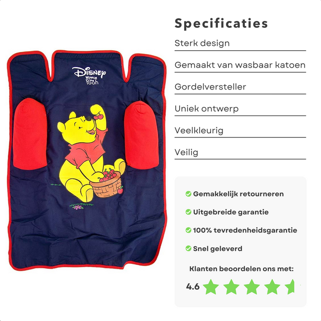 Cheqo® Disney Autokussen Winnie the Pooh - Winnie de Poeh - Uniek & Vrolijk Ontwerp - Comfort & Steun in Auto - Gordelversteller - Zacht & Uitwasbaar Katoen - 40cm x 30cm Autokussen
