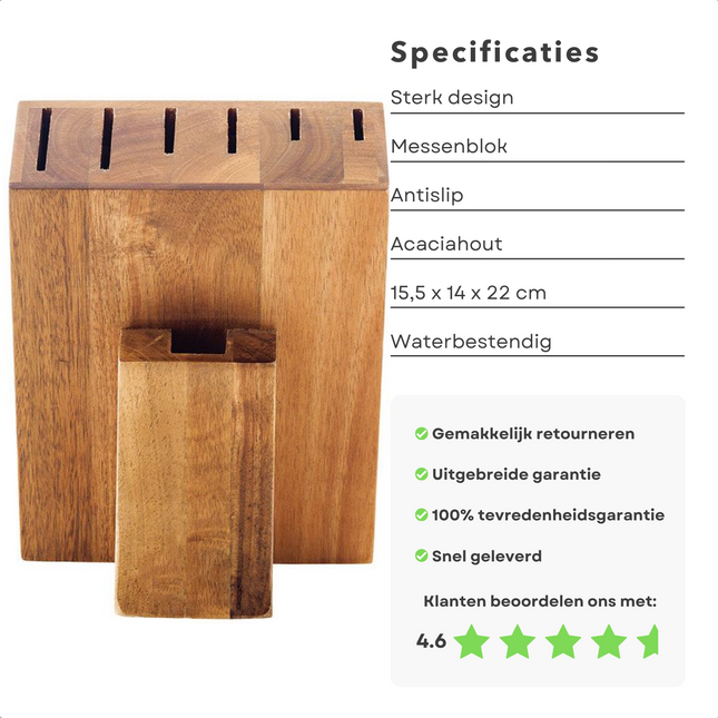 Cheqo® Luxe Messenblok - Houten Blok - Messen Blok - Antislip - Acaciahout - 15,5x14x22cm - Voor 6 Messen + Schaar - Waterbestendig - Met Noppen - Messenhouder - Keukenorganizer Messenblokken