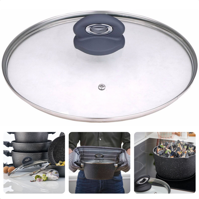 Cheqo® Glazen Deksel 32cm - RVS Rand - Met Stoomgaatje - Vaatwasmachine Bestendig - Pannendeksel voor Pannen Pandeksels