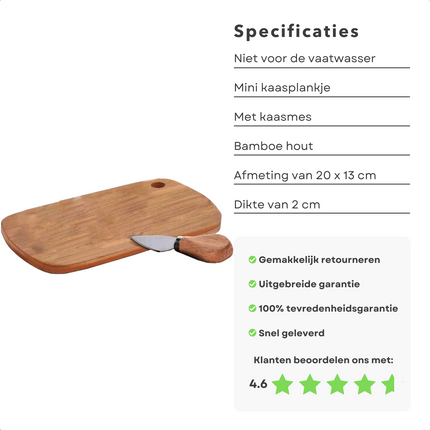Cheqo® Mini-Kaasplankje - Kaasplank - Kaas Serveerplank - Bamboe Hout - Met Kaasmes van RVS Kaasplank