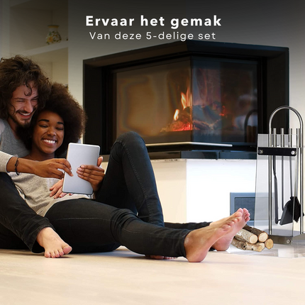 Cheqo® Openhaardset RVS - Haardstel - Haardet - Haard Accessoires - 5-delig met Veiligheidsglas - 22x15.5x64.5cm - Met Borstel, Schep, Pook, Tang - Rvs Grepen Haardstel