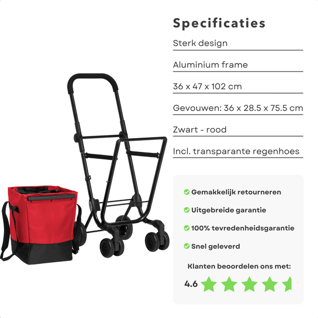 Cheqo® Boodschappentrolley 40L - Boodschappenwagen - Afneembare Boodschappentas - Verstelbaar - Stevig Frame - Met Achtervak, Reflectoren en Regenhoes - 36x47x102cm - Rood Boodschappentrolleys