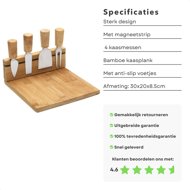 Cheqo® Bamboe Kaasplank met 4 Kaasmessen - Magneetstrip - Anti-Slip Voetjes - Serveerplank - Kaasbord - Kaasplankje - 30x20x8,5cm Kaasplank