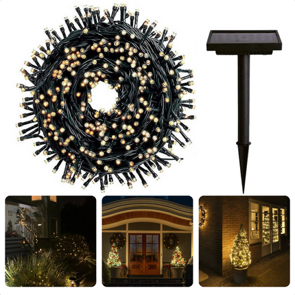 Cheqo® Solar Lichtsnoer - 400 LED - 24m + 4m - 6 cm - Warm Wit - Aan/Uit & Flits - Bewaarbox - Voor Buiten - Feestverlichting - Sfeerverlichting - Kerstverlichting - Lange Levensduur Lichtsnoeren
