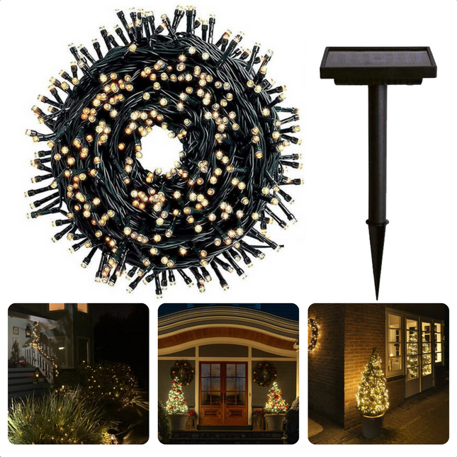 Cheqo® Solar Lichtsnoer - 400 LED - 24m + 4m - 6 cm - Warm Wit - Aan/Uit & Flits - Bewaarbox - Voor Buiten - Feestverlichting - Sfeerverlichting - Kerstverlichting - Lange Levensduur Lichtsnoeren