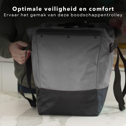 Cheqo® Boodschappentrolley 40L - Boodschappenwagen - Afneembare Boodschappentas - Verstelbaar - Stevig Frame - Met Achtervak, Reflectoren en Regenhoes - 36x47x102cm - Grijs Boodschappentrolleys