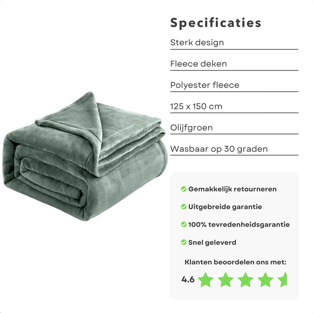 Cheqo® Fleece Deken - Fleece Plaid - Dekentje - Zachte Deken - 125x150cm - Olijfgroen - Voor de Koude Dagen - Polyester Fleece Plaids