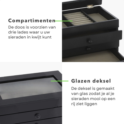 Cheqo® Luxe Sieradenbox Met Spiegel - Bijouteriedoos Opbergbox - Juwelen Opbergdoos - Juwelendoos - MDF - 3 Laden - Zwart - 17x25x15cm Sieradendoos