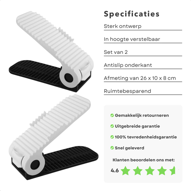 Cheqo® Set van 2 Verstelbare Schoenen Organizers - Schoenorganizer - Schoenenopberger - Ruimtebesparend & Overzichtelijk - 1 Paar Schoenen per Organizer - 26x10x8cm Schoenopbergers