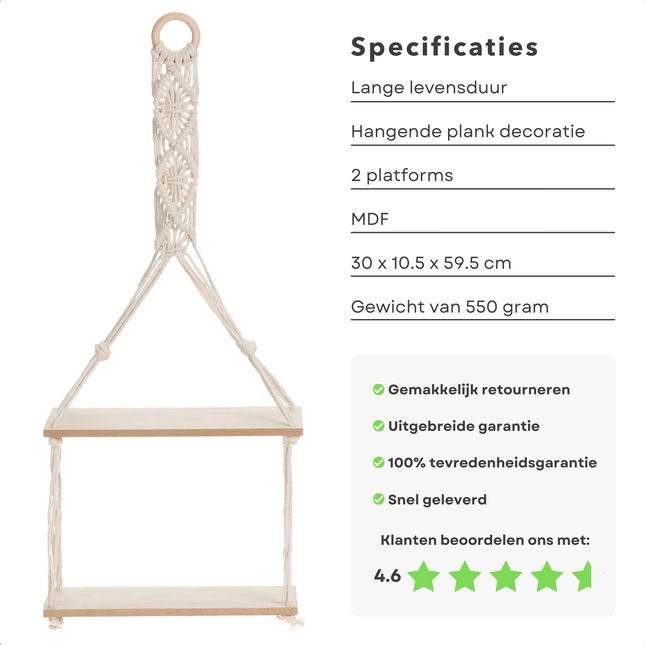 Cheqo® Luxe Plantenhanger - Wanddecoratie - Wandhanger - 2 Plateaus - MDF - 30x10x66cm - 550g - Lichte Houtskleur & Wit Touw Plantenhanger