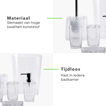 Cheqo® Badkamer Set 6 Delig - Badset - Kunststof - Beker, Zeepbakje, Zeep Dispenser, Tandenborstelhouder, Toiletborstelset, Afvalbak - Badkamer Accessoires Badset