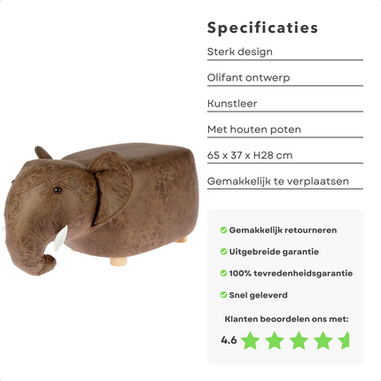 Cheqo® Poef Olifant - Zitpoef - Kinderkruk - Voetenbank - 65x37cm - Kunstleer & Hout - Extra Zitplaats - Accessoire Woon- & Slaapkamer Poefs
