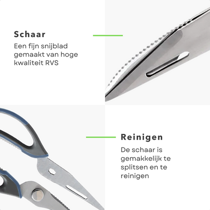 Cheqo® Multifunctionele Keukenschaar - Schaar met Flesopener - Schaar met Mes - Notenkraker - RVS - 22cm - 2,8mm - 145g - 80g - Voor Kip, Vis, Noten en Flessen Keukenschaar