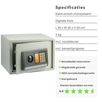Cheqo® Digitale Elektronische Kluis - Muurbevestiging - Perfect voor het opbergen van Documenten, Sieraden & Waardevolle Spullen - 2mm RVS Buitenschaal - Verstevigd met Ronde Bouten - Toegangscode - Noodbediening via Sleutel - Montageset - 35x25x25cm Kluis