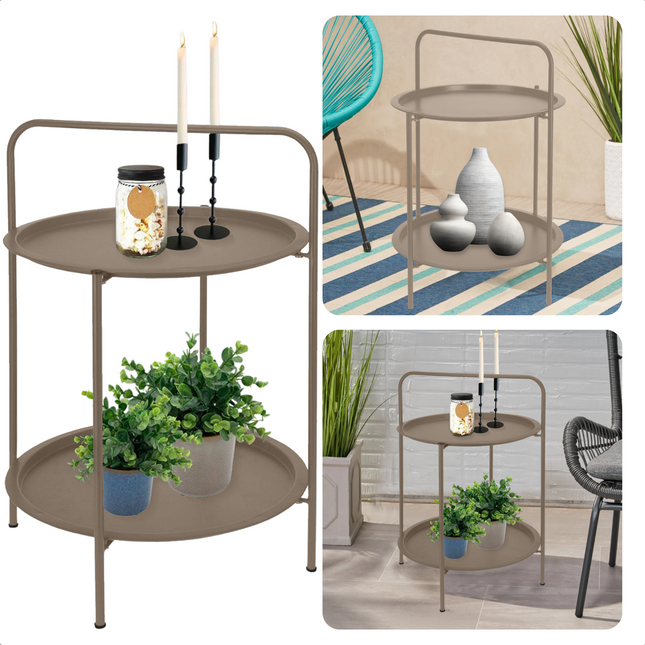 Cheqo® Bijzettafel 50 cm - Metaal (gepoedercoat) - Mat Taupe - 66 cm Hoogte - 2 Verdiepingen - Tafeltje - Tuintafel - Bijzettafel voor Binnen en Buiten - Nachtkastje Bijzettafel
