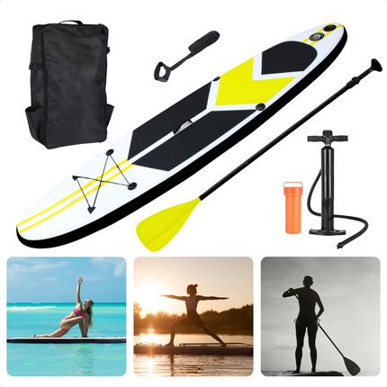 Cheqo® Complete SUP-Set - Opblaasbaar SUP Board - Stand Up Paddle Board - 320cm - 150kg - Double Layer - EVA Anti-Slip - Peddel - Handpomp - Surf Leash - Reparatiekit - 12kg - Lime SUP Board