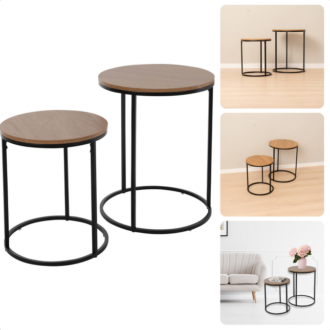 Cheqo® Ronde Salontafel Set met Metalen Frame -Pinewood - Grenen - Set van 2 - 40xH50 cm & 30xH40 cm - Bijzettafel - Tafeltje Salontafels