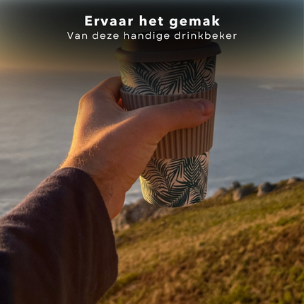 Cheqo® Bamboe Vezel Drinkbeker - 425ml - 125g - Herbruikbaar - TPR Sleeve - Siliconen Deksel - Geen Kleur of Print Kiezen - Koffiebeker - Duurzaam - Theebeker - Voor Onderweg - Vaatwasserbestendig - Compact formaat - Hittebestendig drinkbekers