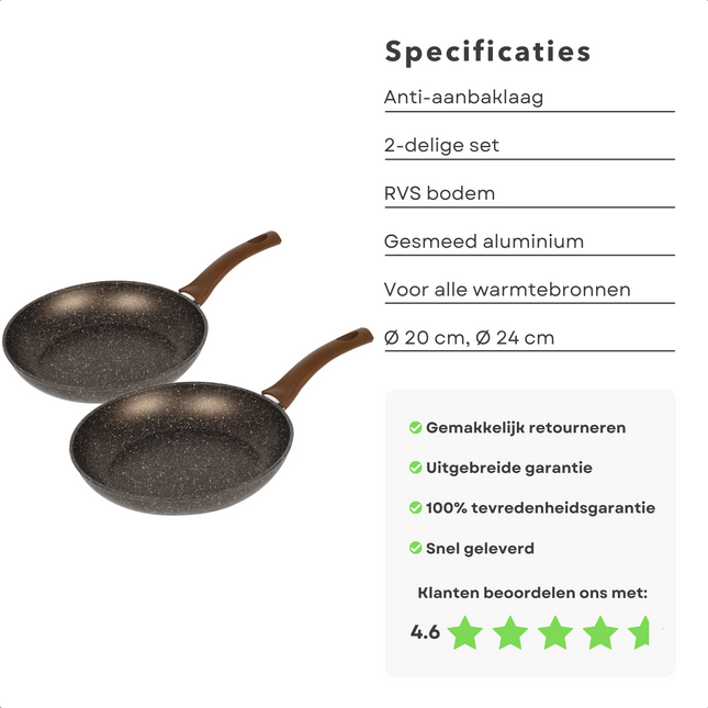 Cheqo® Luxe Koekenpan Set - Koekenpannenset Inductie - Ø20cm, Ø24cm - 100% Gerecycled Aluminium - RVS Bodem - PFOA-Vrij - Geen Lood, Geen Cadmium - Gas, Inductie, Elektrisch, Keramisch, Halogeen - Ook voor Inductie - Made in Italy Koekenpan