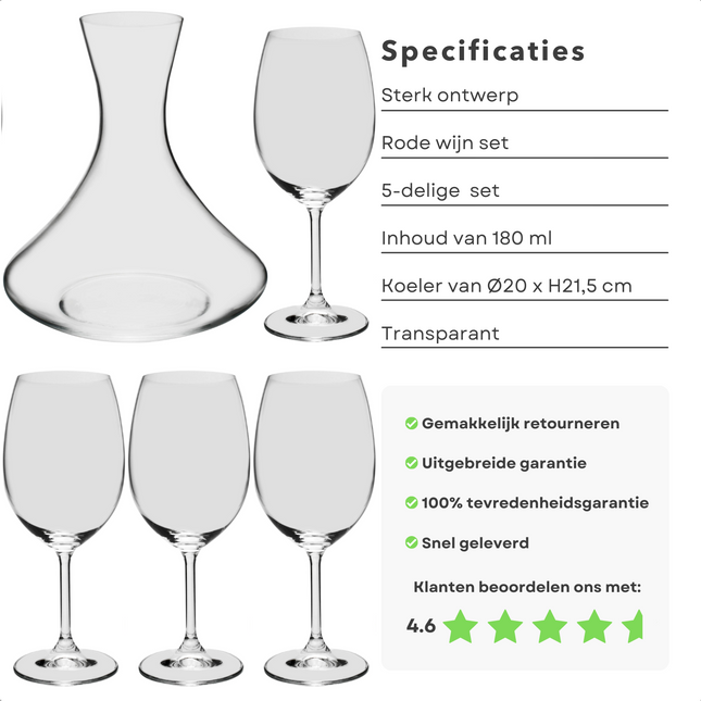 Cheqo® 5-delige Wijnset - 4 Rodewijnglazen 580ml (58cl) + 1 Decanteerkaraf 750ml (75cl) - Wijnglazen voor Rode Wijn - Wijnglas Set - Rode Wijnglazen - Wijnkaraf - Decanteerkan - Wijnkan - Decanteer Karaf - Vaatwasbestendig Wijnkaraf