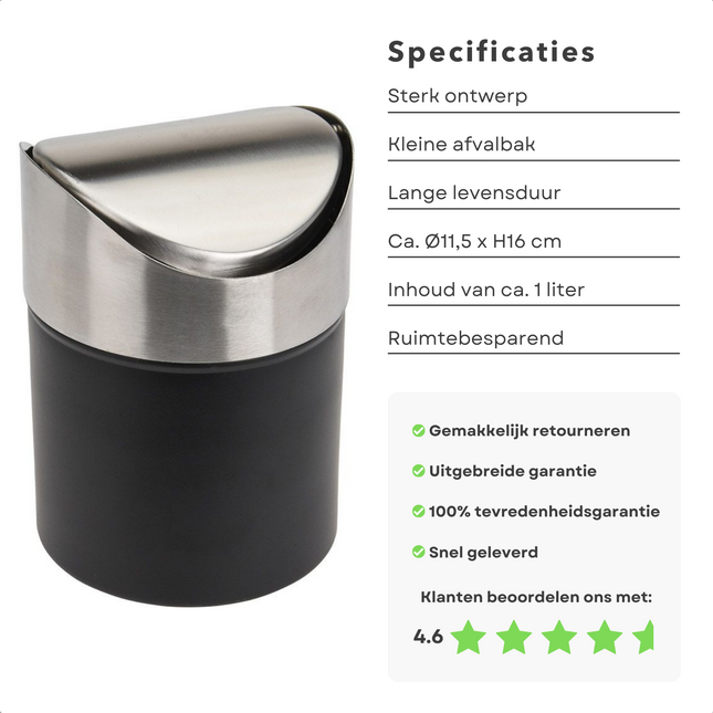 Cheqo® Zwarte Kleine Afvalbak - Afvalbakje - RVS -Ø11,5cm x h16cm - 1L - Aanrecht Afvalbak - Ruimtebesparend - Tafel, Bureau, Aanrecht Afvalbakje