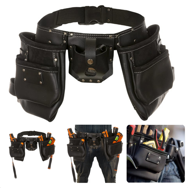 Cheqo® Leren Gereedschapsgordel - Leder - 25x24cm - 15 Opbergmogelijkheden - Verstelbare Riem 135cm - Hoogwaardig Leer & Polyester Gereedschapsgordels