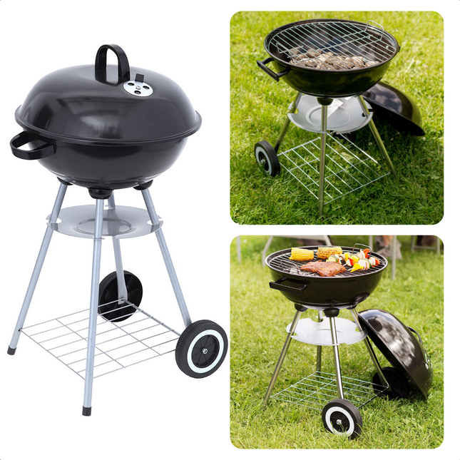 Cheqo® Kogelbarbecue op Wielen - Barbecue - BBQ - Kogelgrill - Houtskoolbarbecue - 46cm Diameter - 78cm Hoogte - 70cm Kookhoogte - Gepoedercoat - Verrijdbaar - Met Voorraadrek - Handgreep - Zwart BBQ