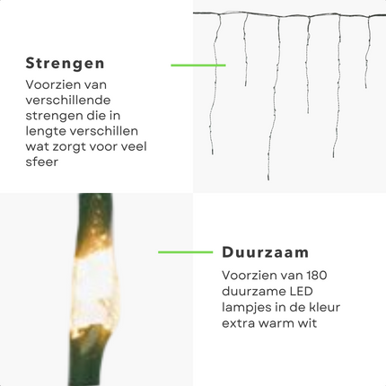 Cheqo® IJspegel Lichtgordijn - Ijspegelverlichting - Lichtgordijn - Gordijnverlichting - Kerstverlichting - 3.5m - 180 LED's - Extra Warm Wit - Soft Wire - 8 Lichtfuncties - IP44 - Binnen/Buiten - 6W - Zuinig in Verbruik  Kerstsfeer Lichtgordijn