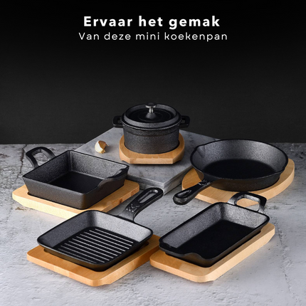 Cheqo® Gietijzeren Koekenpan met Serveerplank - 970g - Koekenpan Gietijzer - Gas, Elektrisch, Keramisch, Halogeen, Oven - Veelzijdig en Vaatwasserbestendig Koekenpan