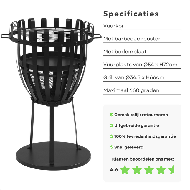 Cheqo® Vuurkorf met Barbecue Grillrek - Vuurkorf met BBQ - 54x72cm - Te Gebruiken als Vuurkorf & Barbecue - Met Vonkenscherm en Grondplaat Vuurkorf