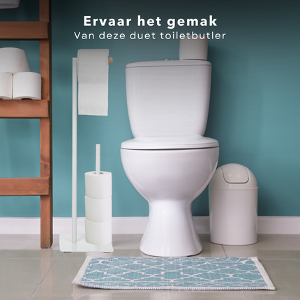 Cheqo® Toiletbutler - Toiletrolhouder - Rollenhouder - Standaard van Metaal en Houten Afwerking - 21,5 x 20 x 71 cm - Eenvoudig in Elkaar te Zetten Toiletbutler