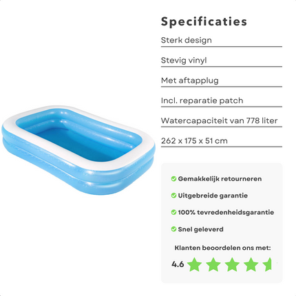 Cheqo® Grote Rechthoekige Familiebad - Zwembad - Opblaasbad - Opblaasbaar Zwembad - 262x175x51cm - 778L - Extra Brede Wanden - Stevig Getest Vinyl - Incl. Aftapplug & Reparatiepatch Opblaas Zwembad