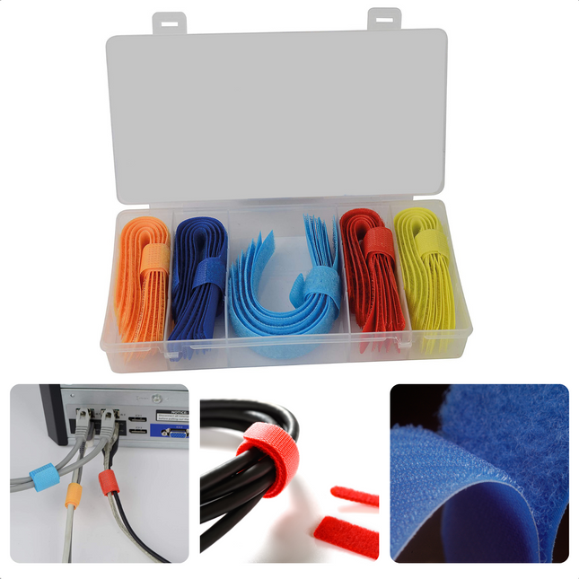 Cheqo® 50-delige Klittenbandset - Voor Huis & Hobbygebruik - 5 Kleuren - 18cm x 2cm - Kabelbinders - Kabel Organiser Kabelbinders