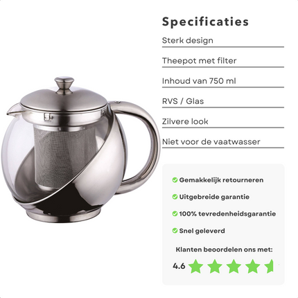 Cheqo® Theepot met Filter - Theekan - Thee Infuser - 0.75L - Roestvrijstaal - 750ml - Hittebestendig tot 120°C - Glanzende Finish Theepot