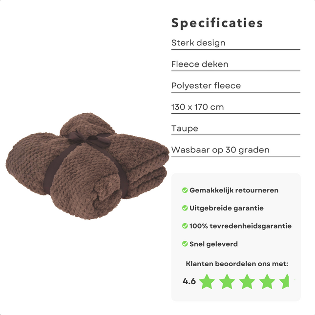 Cheqo® Fleece Deken - Fleece Plaid - Dekentje - 130x170cm - Voor de Koude Dagen - Polyester - Taupe - Bed & Bank Plaids