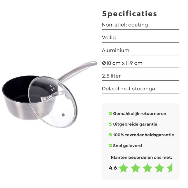 Cheqo® Aluminium Steelpan - Ø 18cm - 2.5L - Inclusief Deksel - Alle Warmtebronnen - Gas, Elektrisch, Keramisch, Inductie, Halogeen, Oven - Vaatwasserbestendig - PFOA Vrij Kookpan