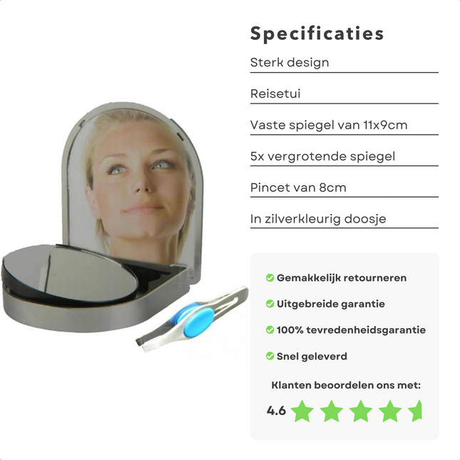 Cheqo® Reisetui met Spiegel & Pincet - Make Up Spiegel - Handige Set voor in de Tas op Reis - 5x Vergrotende Spiegel met Zuignap (8,5cm) en Pincet (8cm) Make-up spiegels