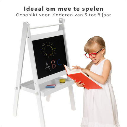 Cheqo® Tekenbord - Krijtbord - Schoolbord - Hout - Wit - Met Wisser en Krijtjes Tekenborden