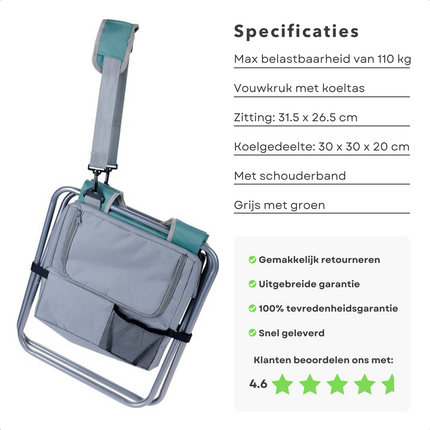 Cheqo® Vouwkruk met Koelbox - Koeltas Opvouwbaar - 30x30x20 cm - Campingstoel - Vissersstoel - Reistas - Stoel - Groen Koelbox