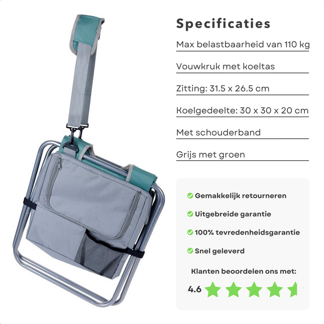 Cheqo® Vouwkruk met Koelbox - Koeltas Opvouwbaar - 30x30x20 cm - Campingstoel - Vissersstoel - Reistas - Stoel - Groen Koelbox