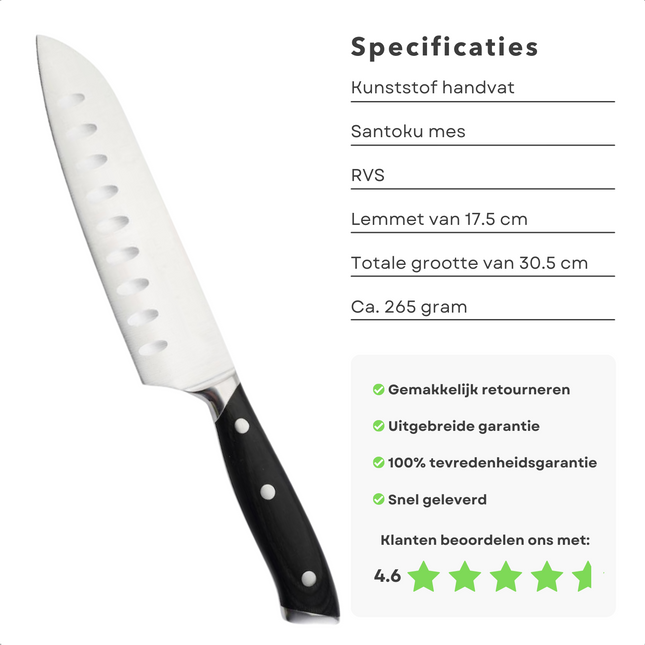 Cheqo® Santokumes - Koksmes - Keukenmes - 17,5 cm - RVS - Kunststof Handvat - Vlees, Vis, Groente - 30,5 cm - 265 gram Santokumes