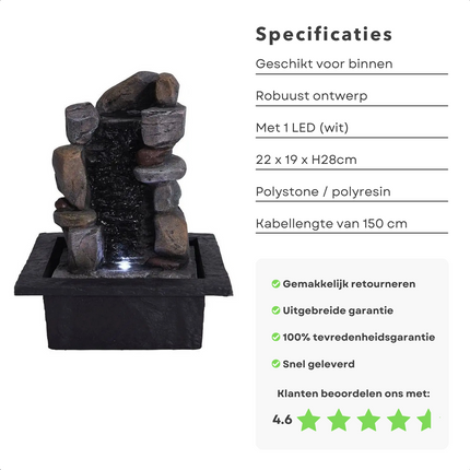 Cheqo® Stone Waterfontein - Waterornament - Fontein - Stoere, Robuuste Vormgeving - IP20 - 1 LED (Wit) - 22x19xH28cm - Polystone/Polyresin - 150cm Kabellengte - 2 Modellen Waterornament