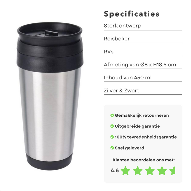 Cheqo® Reisbeker - Koffiebeker To Go - Thermosbeker - Theebeker - 450ML - RVS - Ø8xh18,5cm - Zilver & Zwart - Auto Drinkbeker - Voor On the Go! Koffiebeker To Go