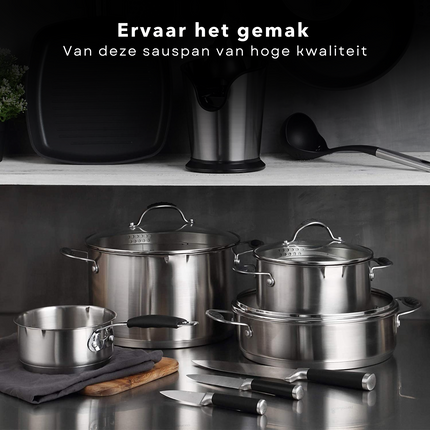 Cheqo® Steelpan - Kookpan - Ø16cm x 7,5cm - 1.3L - RVS - Dubbelzijdige Schenktuit - Siliconen Handvat - Maataanduiding - Alle Warmtebronnen Inclusief Inductie Steelpan