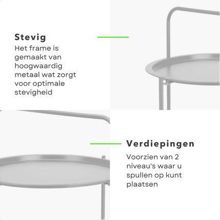 Cheqo® Bijzettafel 50 cm - Metaal (gepoedercoat) - Mat licht grijs - 66 cm Hoogte - 2 Verdiepingen - Tafeltje - Tuintafel - Bijzettafel voor Binnen en Buiten - Nachtkastje Bijzettafel