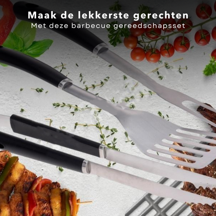 Cheqo® BBQ Gereedschapset - Barbecueset - BBQ Grill Accessoires Set - Tang, Spatel & Vork - BBQ Tang - BBQ Spatel - BBQ Vork - Gemaakt van RVS - 395mm, 425mm & 420mm Barbecuegerei-sets