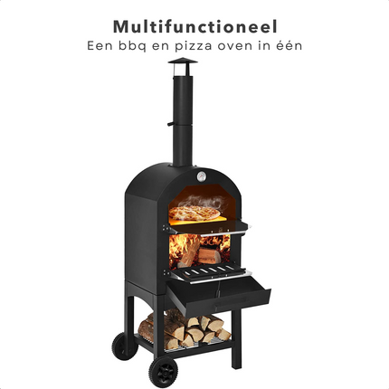 Cheqo® Pizza Oven - Pizzaoven voor Buiten - Houtskooloven - Pizzasteen - Barbecue - BBQ - Rookoven - Buitenkeuken met Wieltjes - Gepoedercoat Metaal - Houtskool-BBQ - Barbecue - 68x48x156cm - 34x24cm Grillrooster - 26kg - Met Pizzasteen Pizzaoven