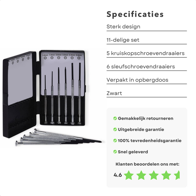 Cheqo® Precisie Schroevendraaierset - 11 stuks - 5x PH Kruiskop & 6x Gleufkop - Schroevendraaier - Handgereedschap - Klusgereedschap - Lange levensduur Schroevendraaiers