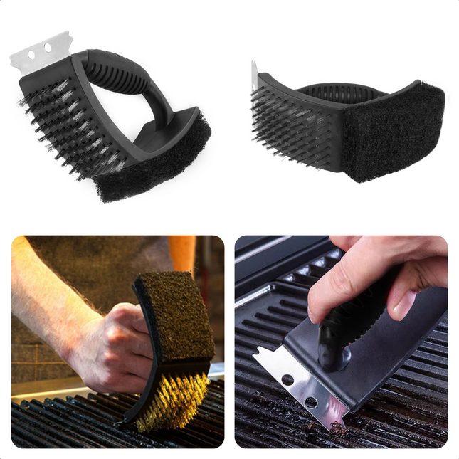 Cheqo® 3-in-1 Barbecue Borstel - BBQ Borstel met Schraper - Schrapen, Schuren & Borstelen - Kunststof Borstel & RVS Schraper - Barbecue Grillrooster Schoonmaken - 25 cm Barbecueborstel