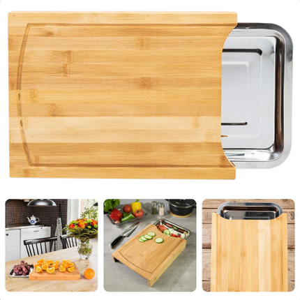 Cheqo® Bamboe Snijplank met Opvangbak - RVS Opvangschaal - Groente Snijden - 33x24x4cm Snijplank